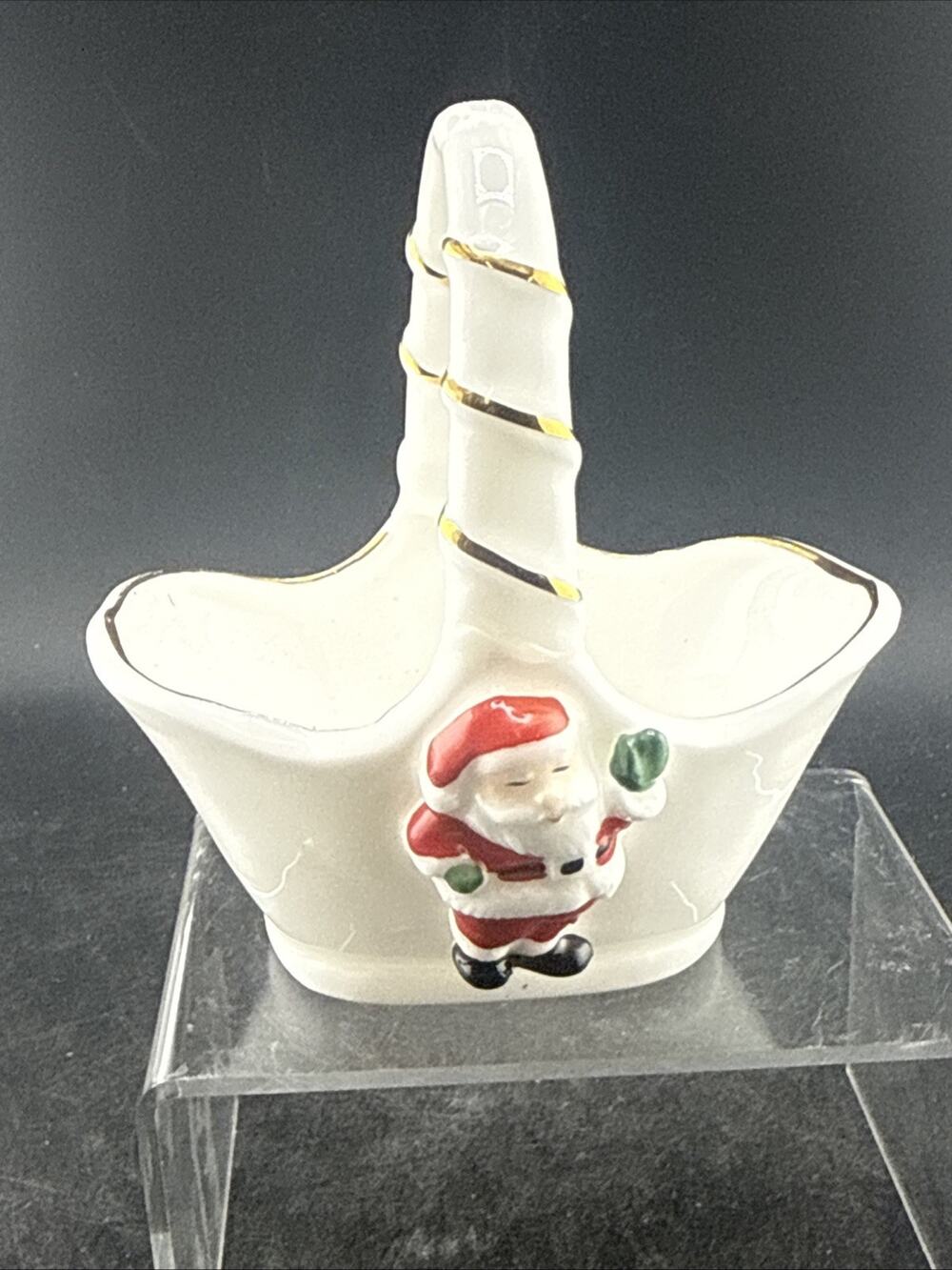 Vintage OCI Omnibus Christmas Santa Ceramic Candy Basket Dish Taiwan Sticker Vtg
